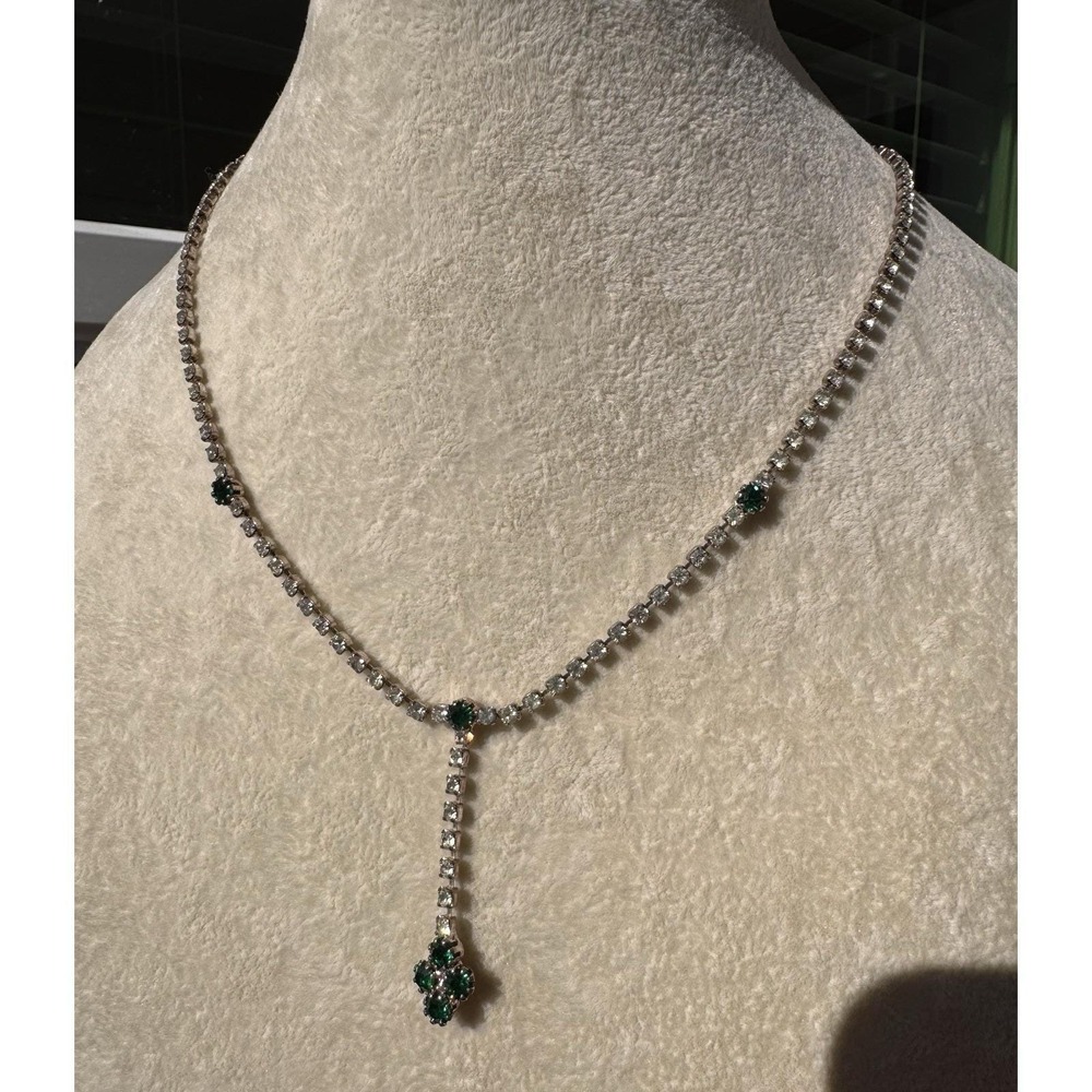 VTG Crystal Rhinestone Necklace 50s Tennis Emerald Green & Clear Drop Pendant